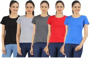 Ap'pulse Solid Women Round Neck Red, Blue, Black, Grey, Dark Grey T-Shirt (Pack of 5) T SHIRT sandeep anand 
