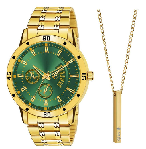 Men Gold Analog Watch Green Dial With Golden Chain Pendant Men Watch Star Enterprise 
