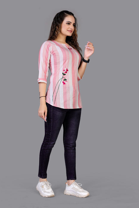 Pure cotton very Beautiful Pink Color V-Neck Three-Quarter Sleeves Tunics for collage girl and Women Fab Zone 