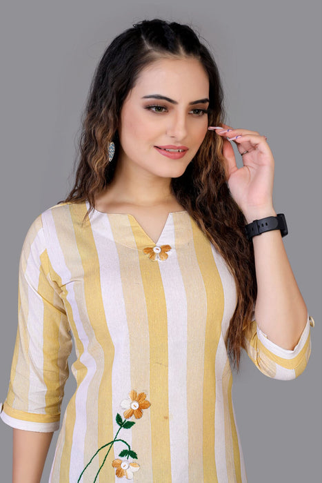 Pure cotton very Beautiful Yellow Color V-Neck Three-Quarter Sleeves Tunics for collage girl and Women Fab Zone 