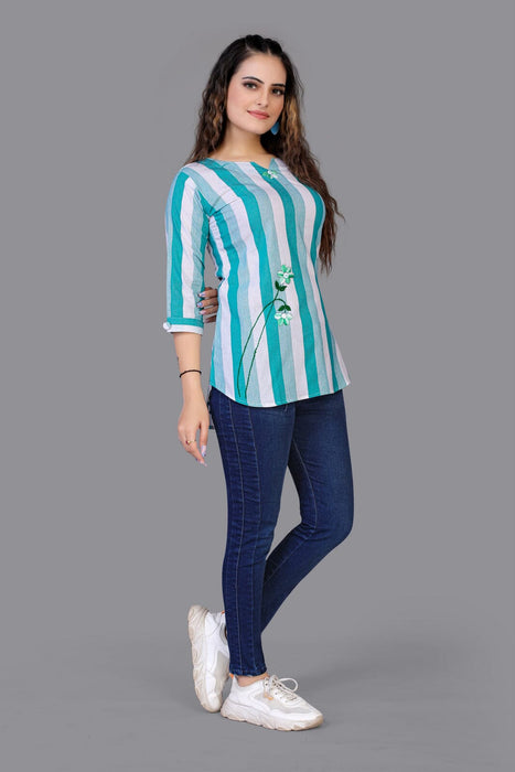 This Is a pure cotton very Light Aqua Blue Beautiful Color V-Neck Three-Quarter Sleeves Tunics for collage girl and Women Fab Zone 