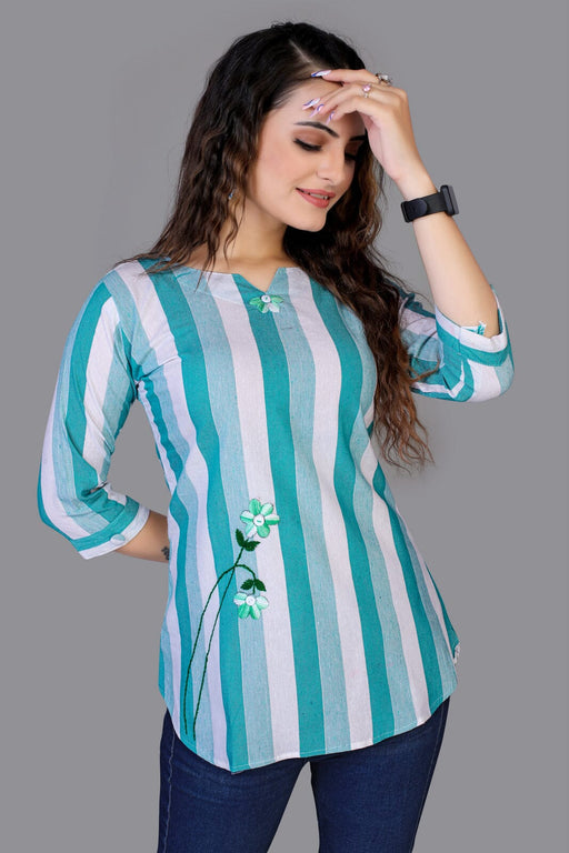 This Is a pure cotton very Light Aqua Blue Beautiful Color V-Neck Three-Quarter Sleeves Tunics for collage girl and Women Fab Zone 