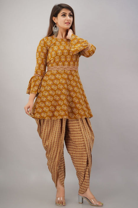 SVARCHI Women's Cotton Cambric Floral Printed A-Line Kurta Dhoti & Dupatta Set (Mustard) Women Kurtis VEDIKAS 