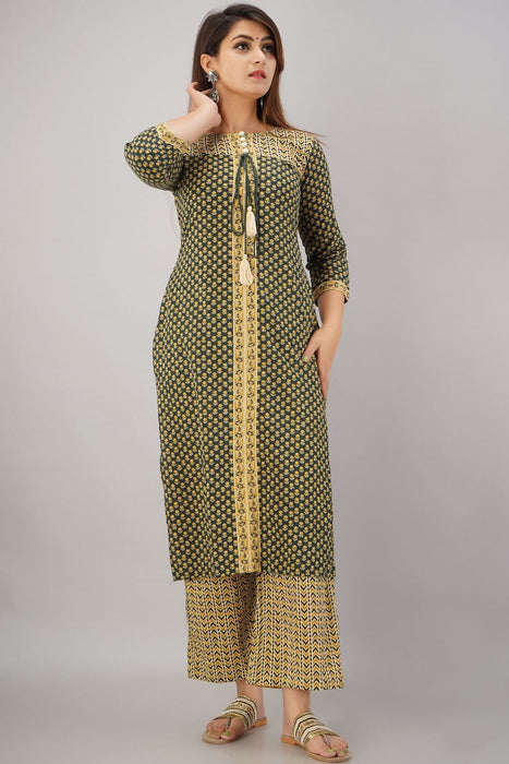 SVARCHI Women's Cotton Cambric Buti Printed Straight Kurta Palazzo & Dupatta Set (Green) Women Kurtis VEDIKAS 