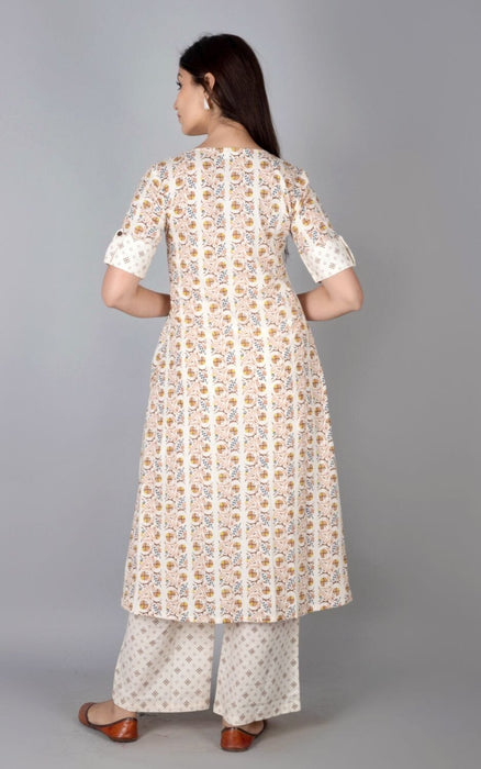 SVARCHI Women's Cotton Cambric Printed Anarkali Kurta & Palazzo Set (White & Brown) Women Kurtis VEDIKAS 