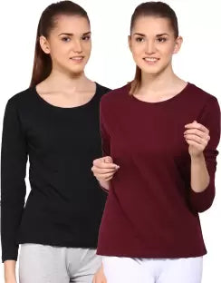 Ap'pulse Solid Women Round Neck Brown, Black T-Shirt (Pack of 2) T SHIRT sandeep anand 