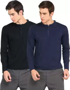 Ap'pulse Solid Men Mandarin Collar Black, Navy Blue T-Shirt (Pack of 2) T SHIRT sandeep anand 