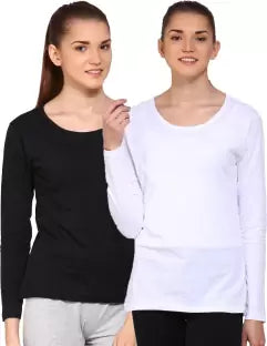 Ap'pulse Solid Women Round Neck White, Black T-Shirt (Pack of 2) T SHIRT sandeep anand 
