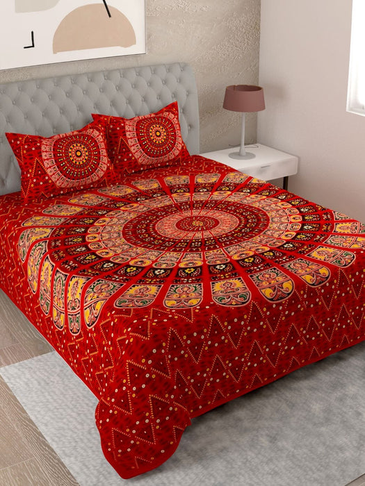 UniqChoice Red Color 100% Cotton Badmeri Printed King Size Bedsheet With 2 Pillow Cover(D-1047NRed) MyUniqchoice 
