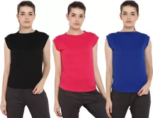 Ap'pulse Solid Women Round Neck Blue, Black, Pink T-Shirt (Pack of 3) T SHIRT sandeep anand 