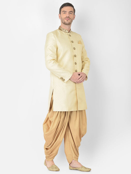 Anil Kumar Ajit Kumar Self Design Creame Banarasi Jamawar Sherwani With Golden Dhoti Men Indo-Western with Dhoti Pant ANIL KUMAR AJIT KUMAR DESIGNER WEAR PVT LTD 