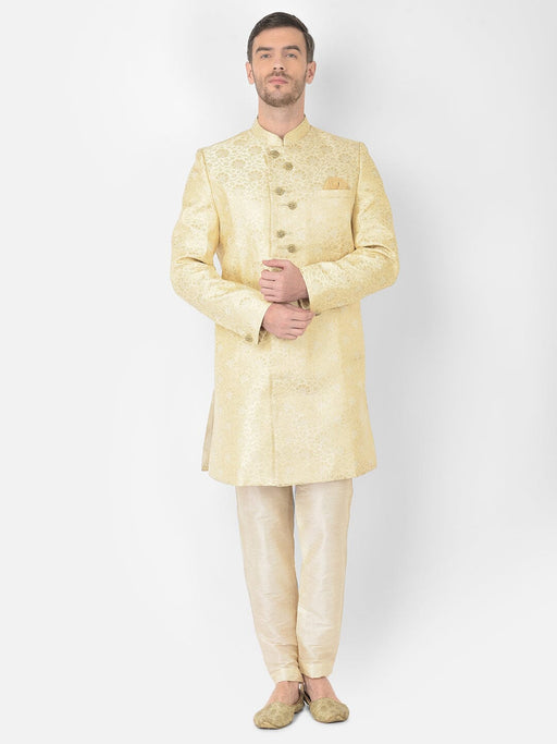 Anil Kumar Ajit Kumar Self Design Sherwani Golden White Men Indo-Western with Dhoti Pant ANIL KUMAR AJIT KUMAR DESIGNER WEAR PVT LTD 