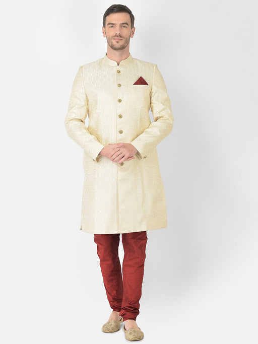 Anil Kumar Ajit Kumar Self Design Banarasi Jamawar Sherwani With Maroon Chudi Pyjama Men Indo-Western with Dhoti Pant ANIL KUMAR AJIT KUMAR DESIGNER WEAR PVT LTD 
