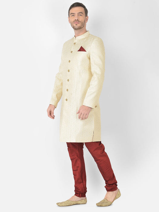 Anil Kumar Ajit Kumar Self Design Banarasi Jamawar Sherwani With Maroon Chudi Pyjama Men Indo-Western with Dhoti Pant ANIL KUMAR AJIT KUMAR DESIGNER WEAR PVT LTD 