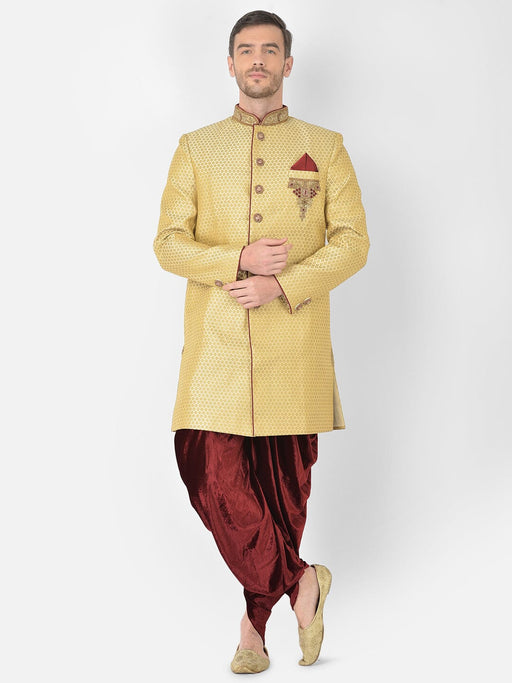 Anil Kumar Ajit Kumar Self Design Golden Banarasi Jamawar Sherwani Maroon Dhoti Men Indo-Western with Dhoti Pant ANIL KUMAR AJIT KUMAR DESIGNER WEAR PVT LTD 