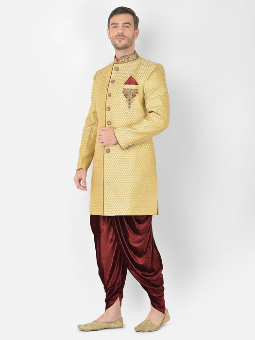 Anil Kumar Ajit Kumar Self Design Golden Banarasi Jamawar Sherwani Maroon Dhoti Men Indo-Western with Dhoti Pant ANIL KUMAR AJIT KUMAR DESIGNER WEAR PVT LTD 