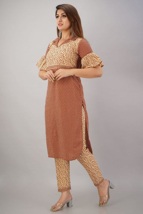 SVARCHI Women's Cotton Cambric Buti Printed Straight Kurta & Pant Set (Beige) Women Kurtis VEDIKAS 