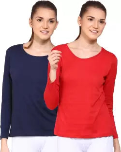 Ap'pulse Solid Women Round Neck Dark Blue, Red T-Shirt (Pack of 2) T SHIRT sandeep anand 