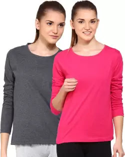 Ap'pulse Solid Women Round Neck Dark Pink, Grey T-Shirt (Pack of 2) T SHIRT sandeep anand 