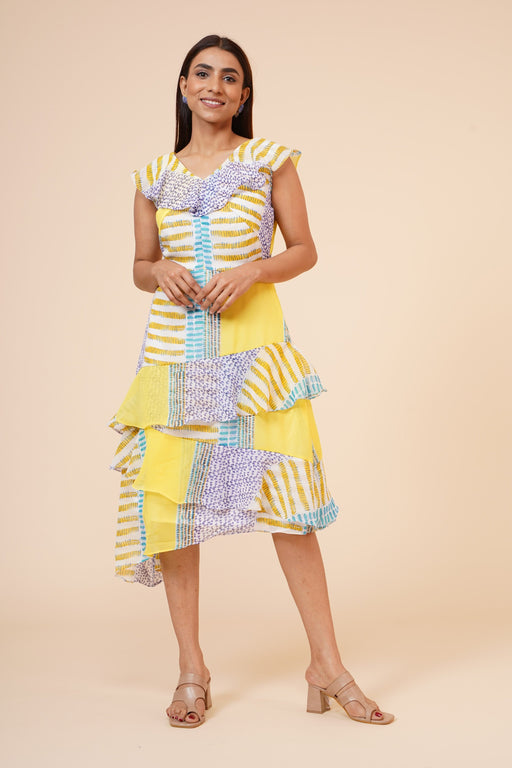 Women's Lemon Printed Georgette Ruffle Party Evening Dress Clothing Ruchi Fashion XS 