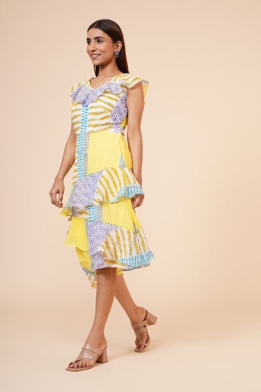 Women's Lemon Printed Georgette Ruffle Party Evening Dress Clothing Ruchi Fashion S 