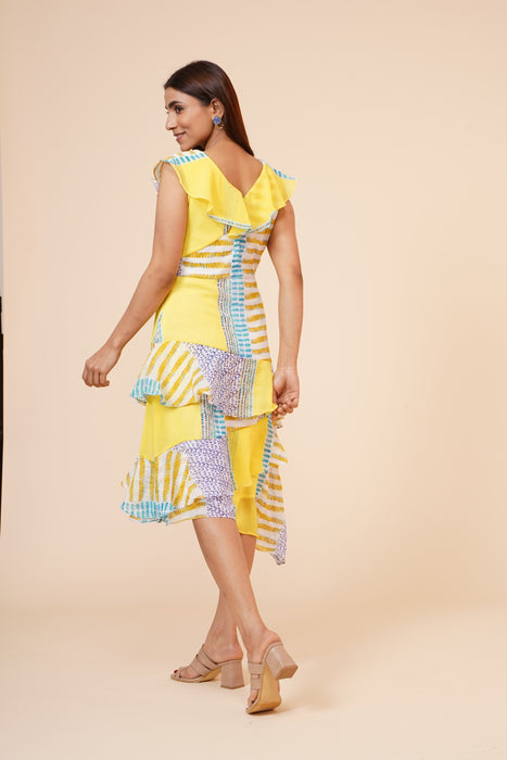 Women's Lemon Printed Georgette Ruffle Party Evening Dress Clothing Ruchi Fashion M 
