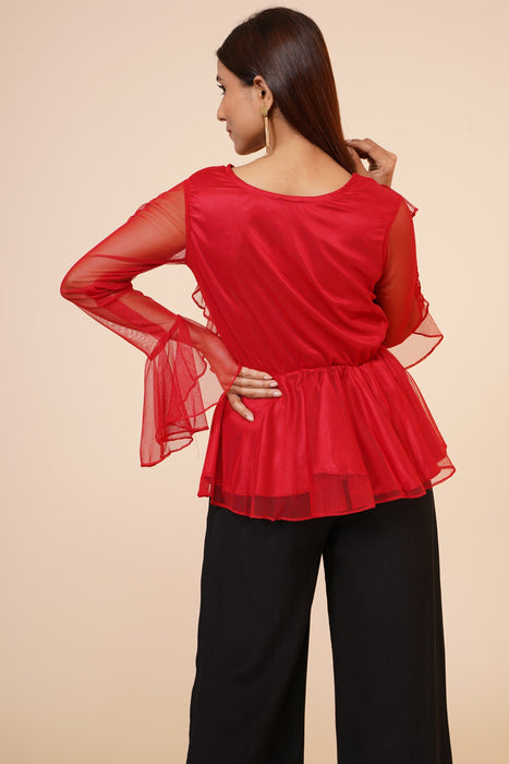 Women's Net Party Long Ruffle Sleeves Topin Red Clothing Ruchi Fashion M 