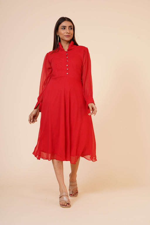 Women's Red Chiiffon Casual Midi Dress Clothing Ruchi Fashion XS 