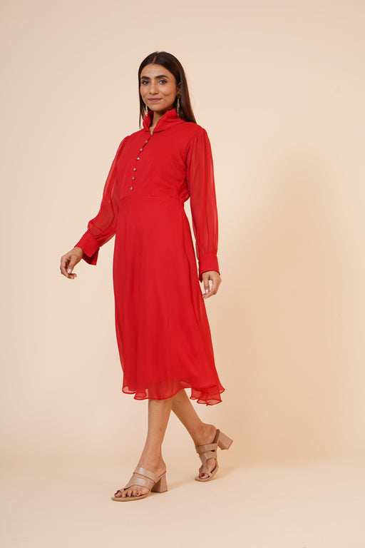 Women's Red Chiiffon Casual Midi Dress Clothing Ruchi Fashion S 
