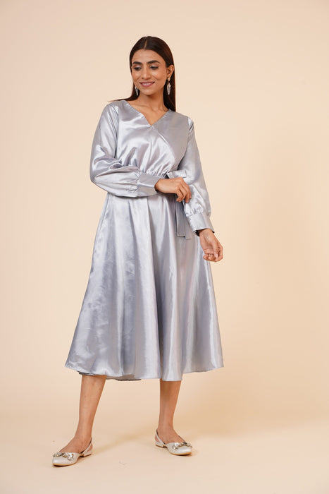 Women's Empire Line with Cuff Satin Wrap Dress Grey Clothing Ruchi Fashion 