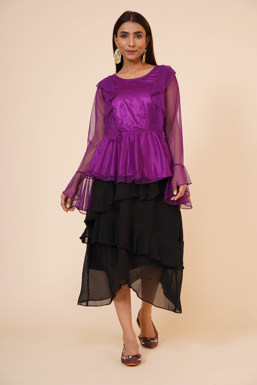 Women's Net Party Long Ruffle Sleeves Top in Purple Clothing Ruchi Fashion XS 