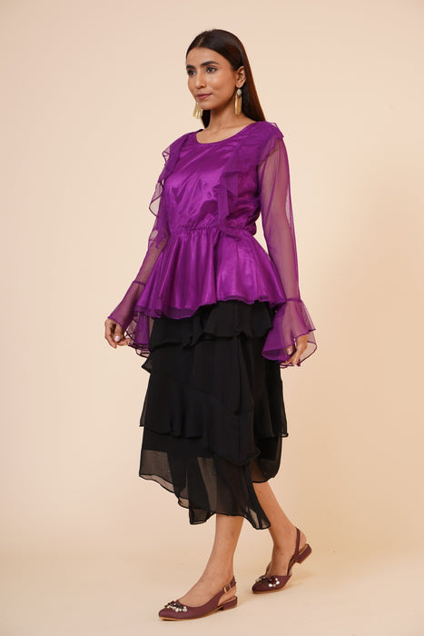 Women's Net Party Long Ruffle Sleeves Top in Purple Clothing Ruchi Fashion S 