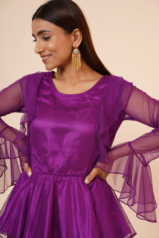 Women's Net Party Long Ruffle Sleeves Top in Purple Clothing Ruchi Fashion M 