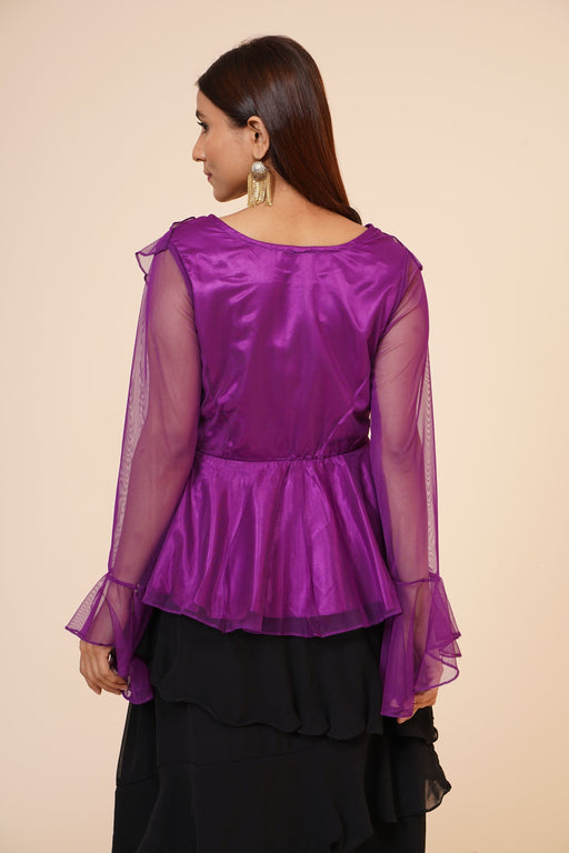 Women's Net Party Long Ruffle Sleeves Top in Purple Clothing Ruchi Fashion L 