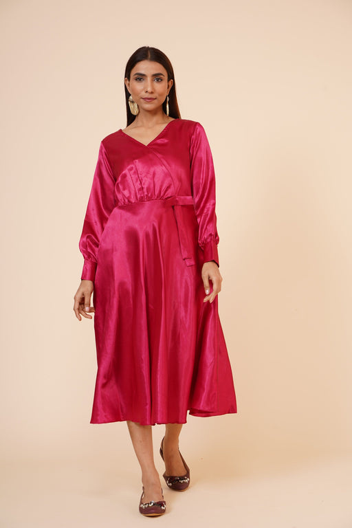 Women's Empire Line with Cuff Satin Wrap Dress Maroon Clothing Ruchi Fashion 