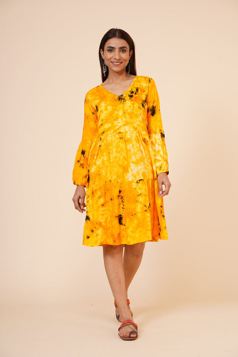 Women's Indian tie n dye Kurti with balloon sleeves in Yellow Clothing Ruchi Fashion XS 