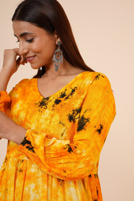 Women's Indian tie n dye Kurti with balloon sleeves in Yellow Clothing Ruchi Fashion L 