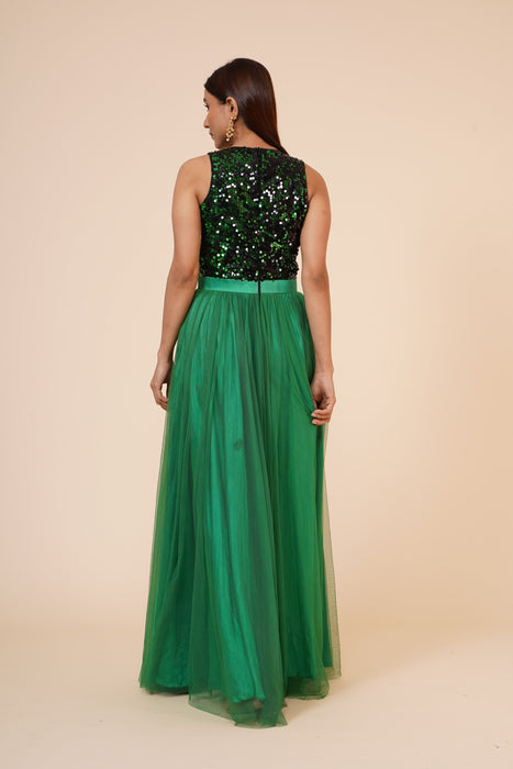 Women's Net Maxi Sequins Evening Gown Green Clothing Ruchi Fashion L 