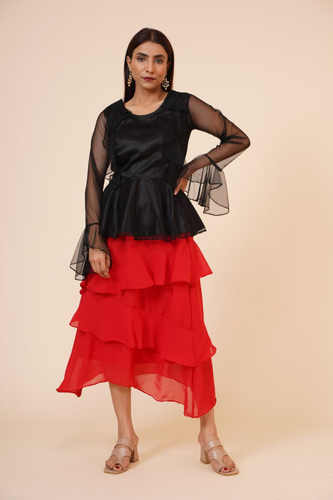 Women's Net Party Long Ruffle Sleeves Top in Black Clothing Ruchi Fashion XS 