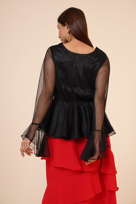 Women's Net Party Long Ruffle Sleeves Top in Black Clothing Ruchi Fashion M 
