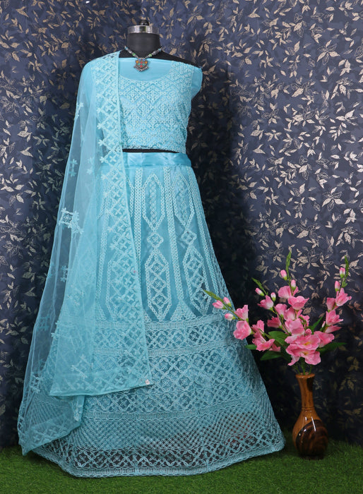 Ghoomar Semi Stitched Lehenga Choli and Duppatta Aqua Blue women ethnic wear Fab Zone 