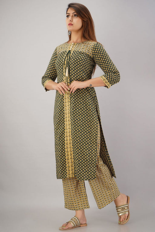 SVARCHI Women's Cotton Cambric Buti Printed Straight Kurta & Palazzo Set (Green) Women Kurtis VEDIKAS 