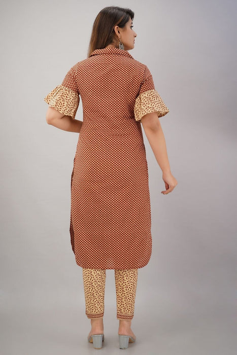 SVARCHI Women's Cotton Cambric Buti Printed Straight Kurta & Pant Set (Beige) Women Kurtis VEDIKAS 