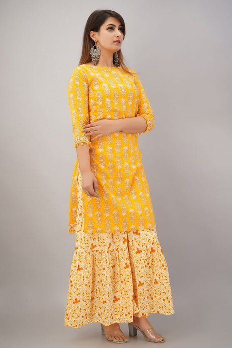 SVARCHI Women's Cotton Cambric Floral Printed Straight Kurta Sharara & Dupatta Set (Yellow) Women Kurtis VEDIKAS 