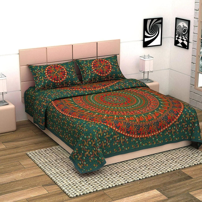 UniqChoice Green Color 100% Cotton Badmeri Printed King Size Bedsheet With 2 Pillow Cover(D-1022NGreen) MyUniqchoice 