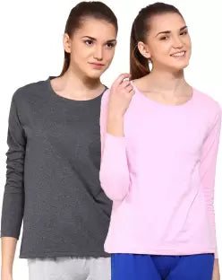 Ap'pulse Solid Women Round Neck Light Pink, Grey T-Shirt (Pack of 2) T SHIRT sandeep anand 