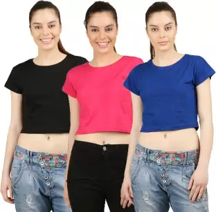 Ap'pulse Casual Half Sleeve Solid Women Multicolor Top(Black, Pink, Blue) T SHIRT sandeep anand 