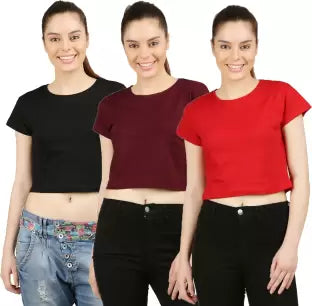 Ap'pulse Casual Half Sleeve Solid Women Multicolor Top(Black, Maroon, Red) T SHIRT sandeep anand 