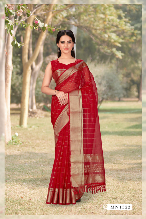 3 Stage Red Silk Saree Checked Red Blouse Sarees hitesh 