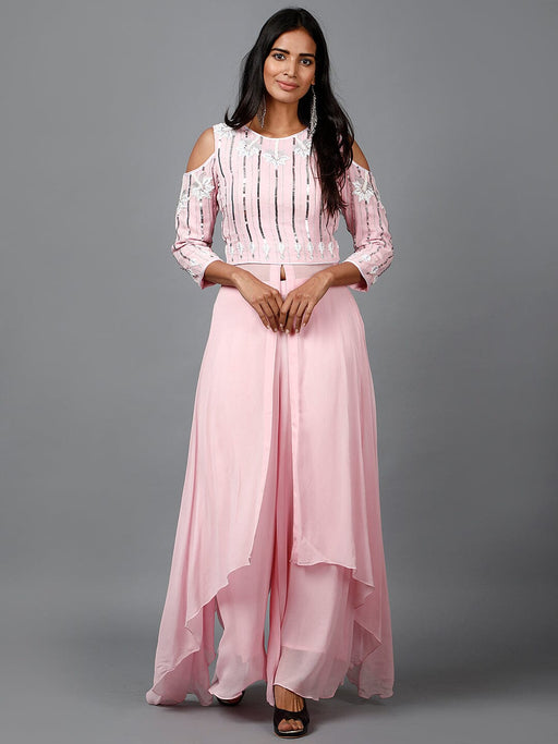 Light Pink Embroidered Kurta in Cold shoulder and Pallazo Ruchi Fashion XS 